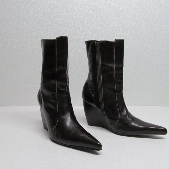 Milano Bags Pointed Toe Leather Wedge Boots size 7 - Picture 2 of 11